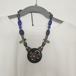 Chico's Blue and Green Statement Necklace with Ornate Metalwork